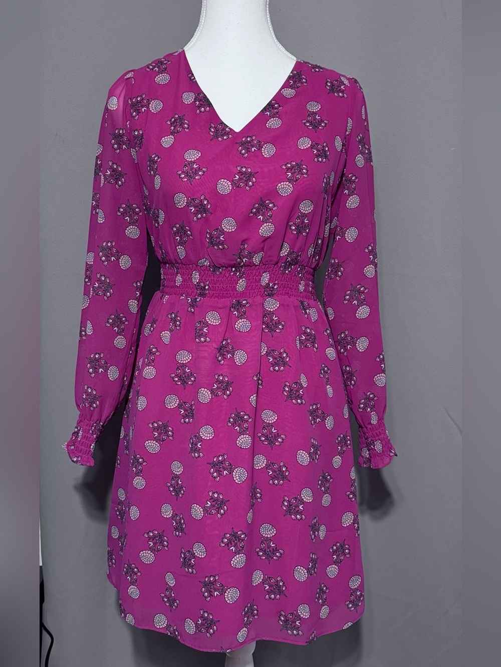 LOFT Fuchsia Floral V-Neck Long Sleeve Dress